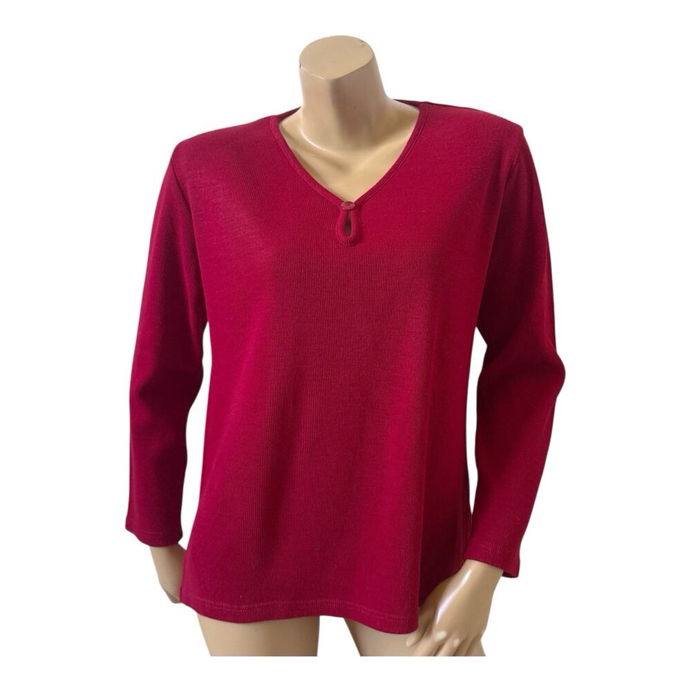 Nina Leonard Red Ribbed Knit Top Womens Small Keyhole V Neck Long Sleeve Stretch